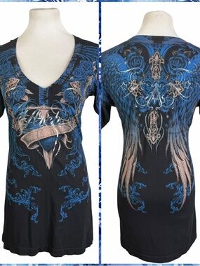 Archaic Black, Blue & Silver Metallic Roses, Hearts & Angel Wings V-Neck Tee - L